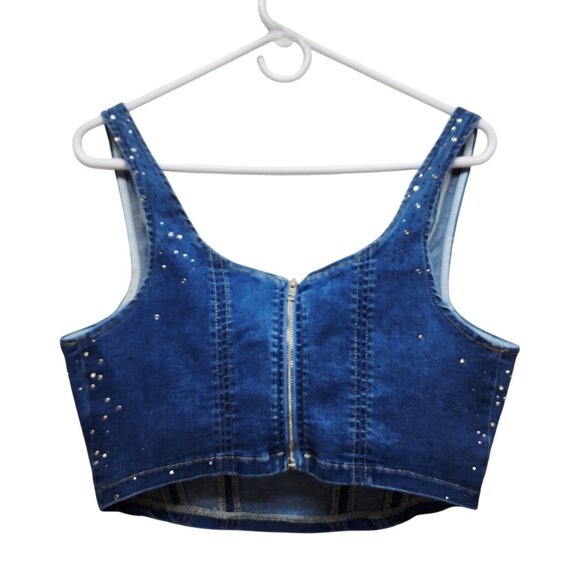 Allegra K Womens Studded Denim Crop Top With Zipper Closure Medium - Picture 4 of 6